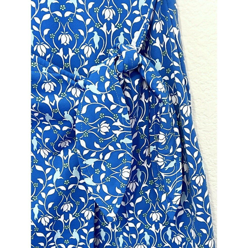 J MCLAUGHLIN Havana Catalina Cloth Sheath Dress Floral Blue Bird Faux Wrap Sz XS - Picture 5 of 9